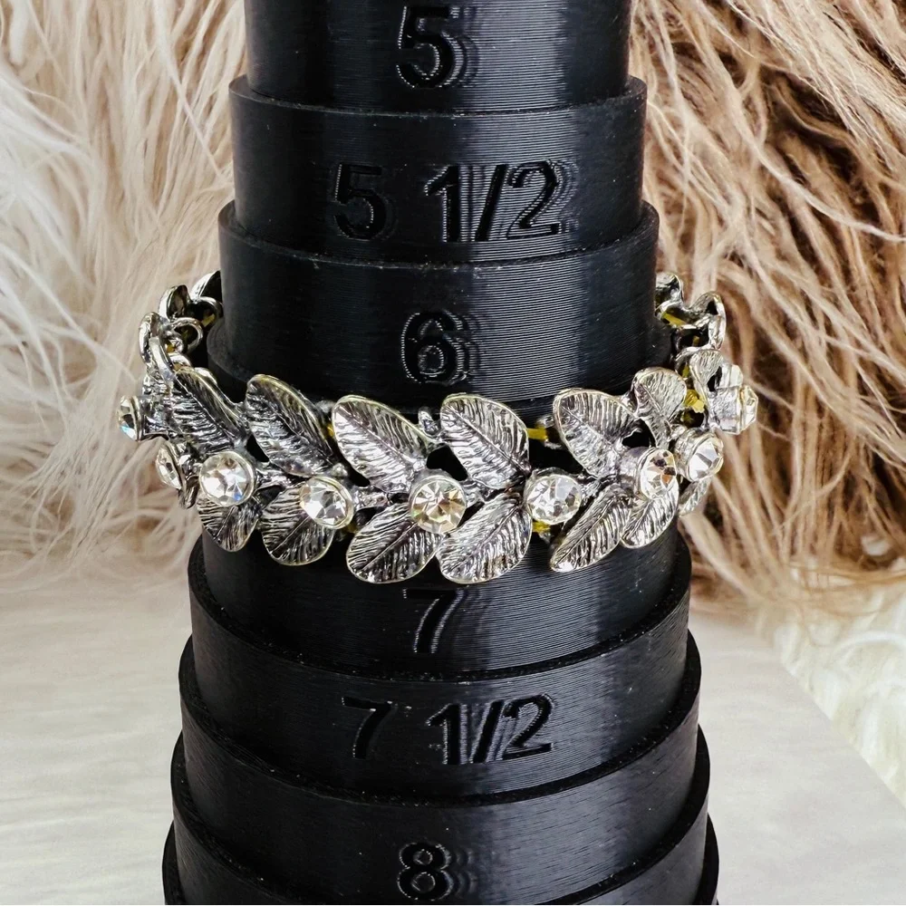 Vintage Aged Silvertone Leaf Stretch Bracelet with Bling Accents